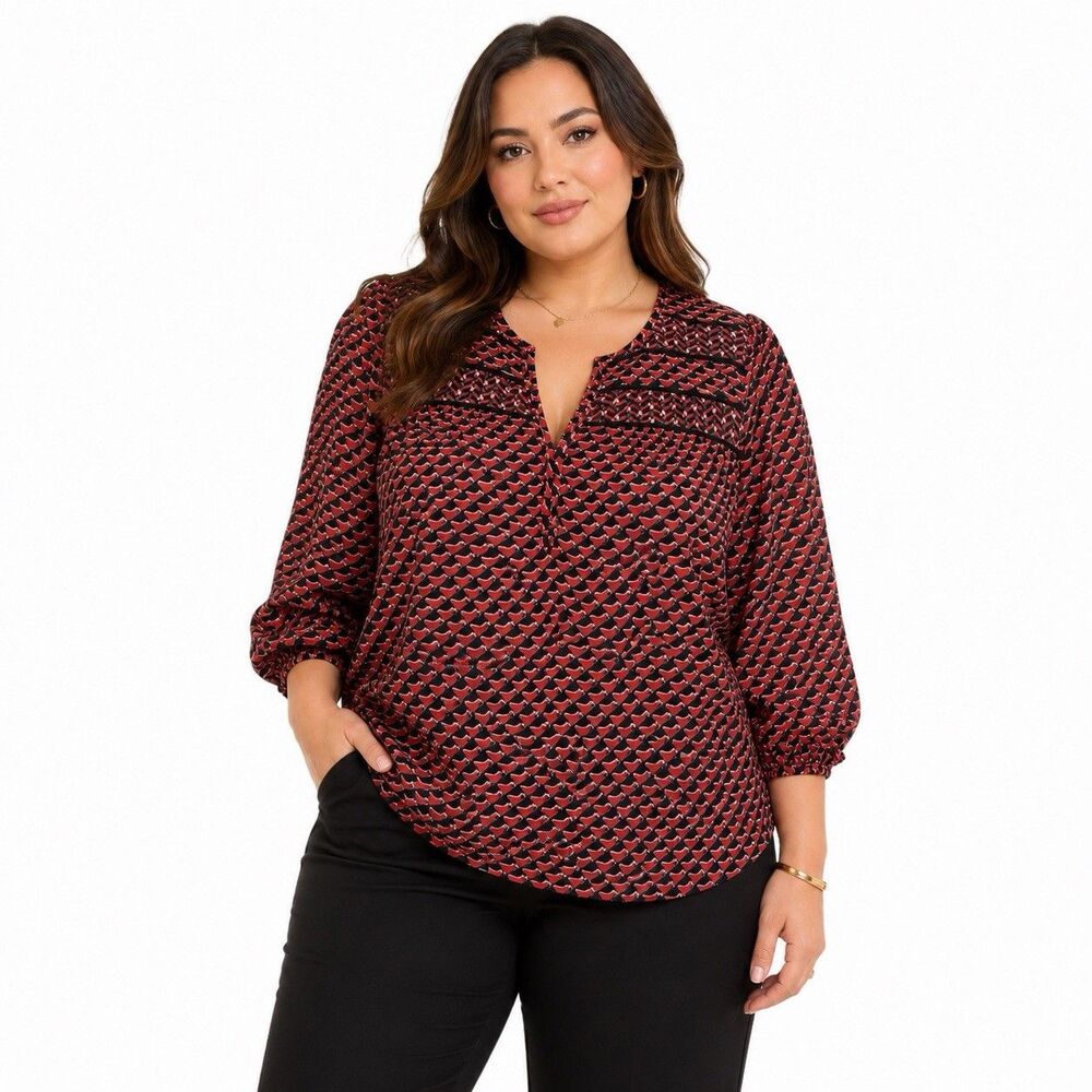 Daniel Rainn Women Size 1X Split Neck 3/4 Sleeve Geometric Print Blouse Top NWT